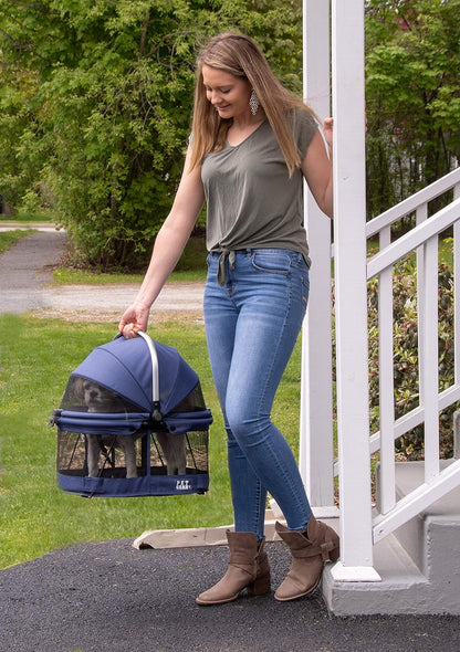 No-Zip View 360 Pet Safety Carrier & Car Seat for Small Dogs & Cats Push Button Entry, View 360 20-Inch, Navy