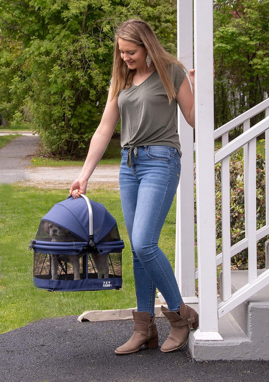 No-Zip View 360 Pet Safety Carrier & Car Seat for Small Dogs & Cats Push Button Entry, View 360 20-Inch, Navy