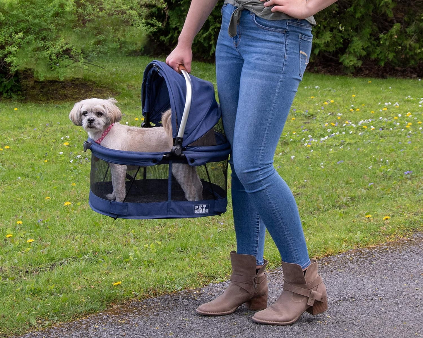 No-Zip View 360 Pet Safety Carrier & Car Seat for Small Dogs & Cats Push Button Entry, View 360 20-Inch, Navy