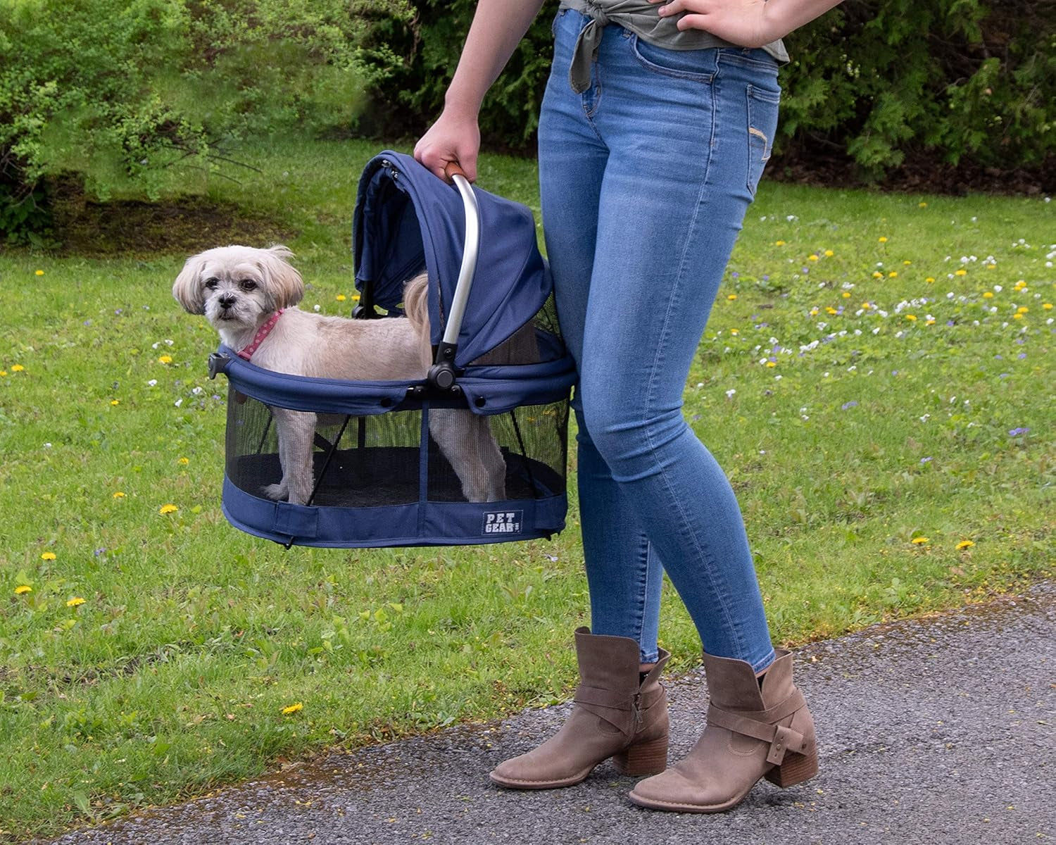No-Zip View 360 Pet Safety Carrier & Car Seat for Small Dogs & Cats Push Button Entry, View 360 20-Inch, Navy