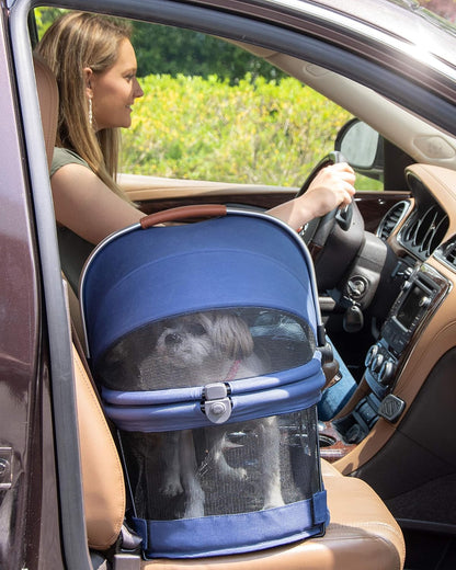 No-Zip View 360 Pet Safety Carrier & Car Seat for Small Dogs & Cats Push Button Entry, View 360 20-Inch, Navy