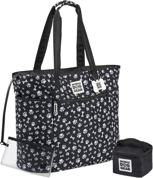 , Dogssentials Dog Tote Large Travel Bag, Includes Lined Food Carrier and Clear Wristlet Pouch, Meets Airline Requirements, 19 Inches X 17 Inches, Black/White Paw Bone Print